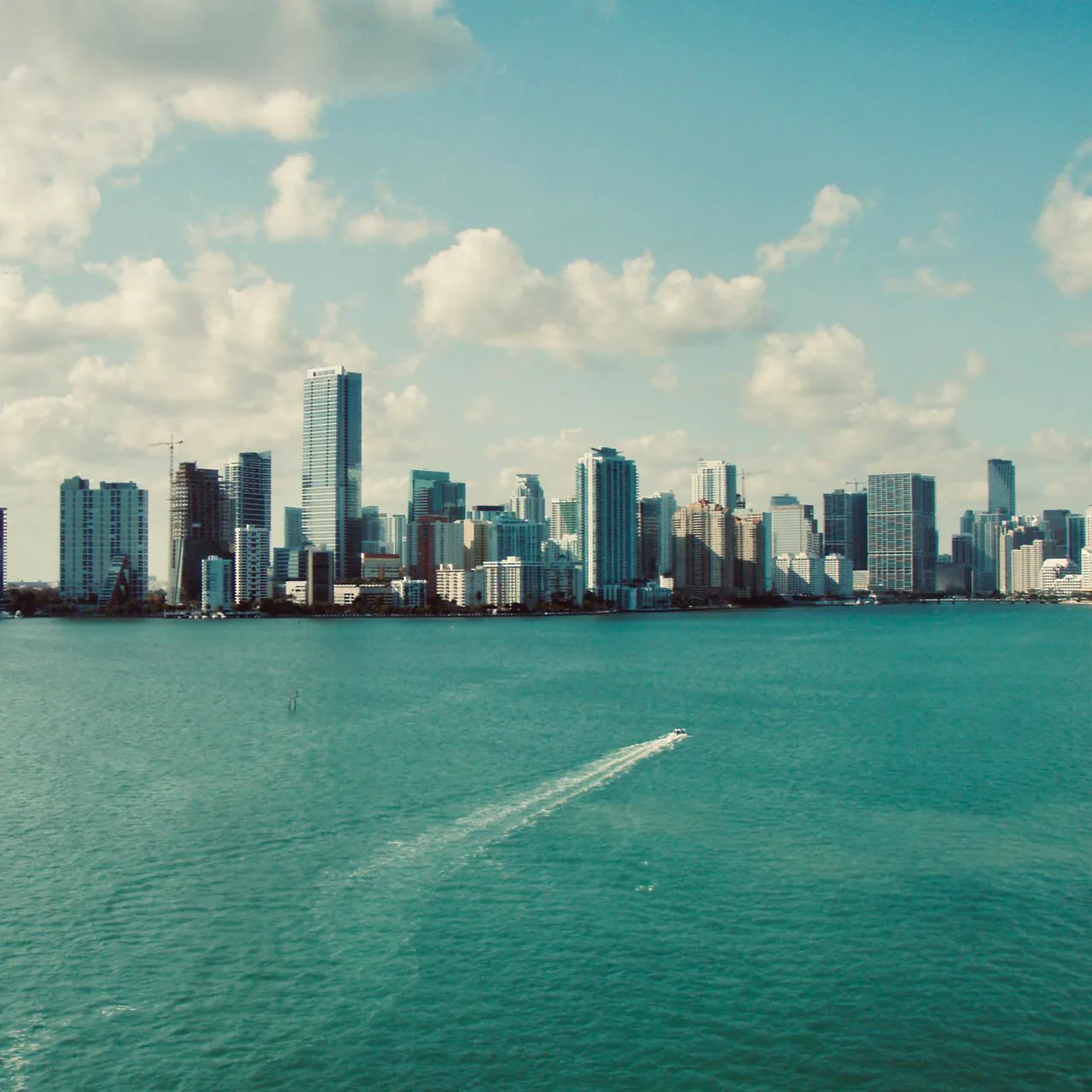 Miami skyline along Biscayne Bay with high-rises and palm trees, downtown Miami Florida