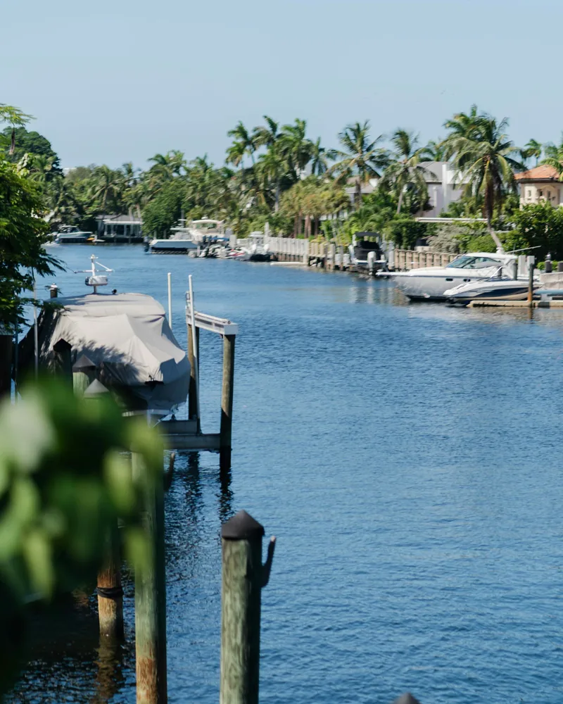 Fort Lauderdale canal with palm trees and yachts, Broward County Florida